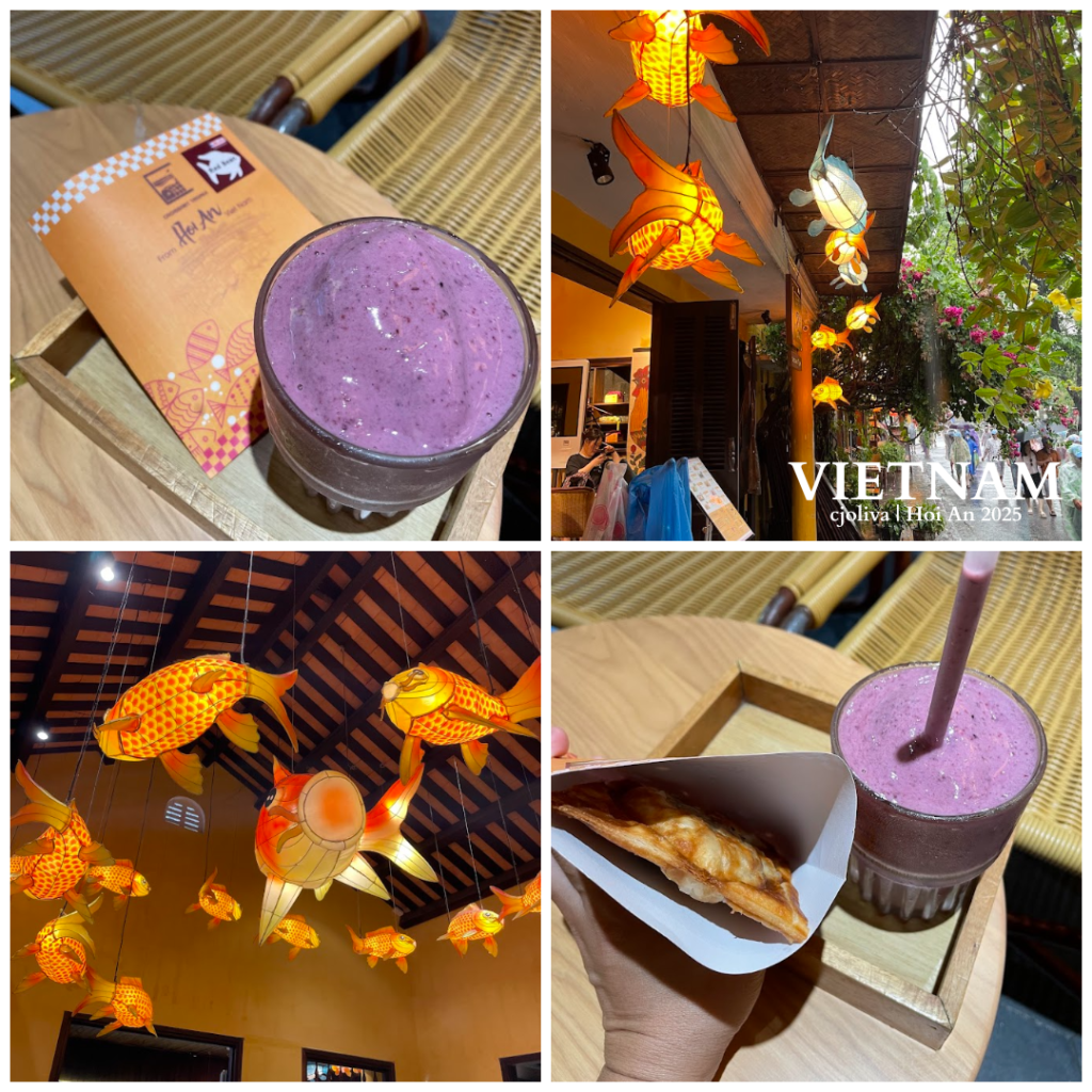 Collage of purple smoothie, pastry, fish-shaped lanterns, and street scenes in Hoi An, Vietnam with text overlay “Vietnam cjoliva | Hoi An 2025”.