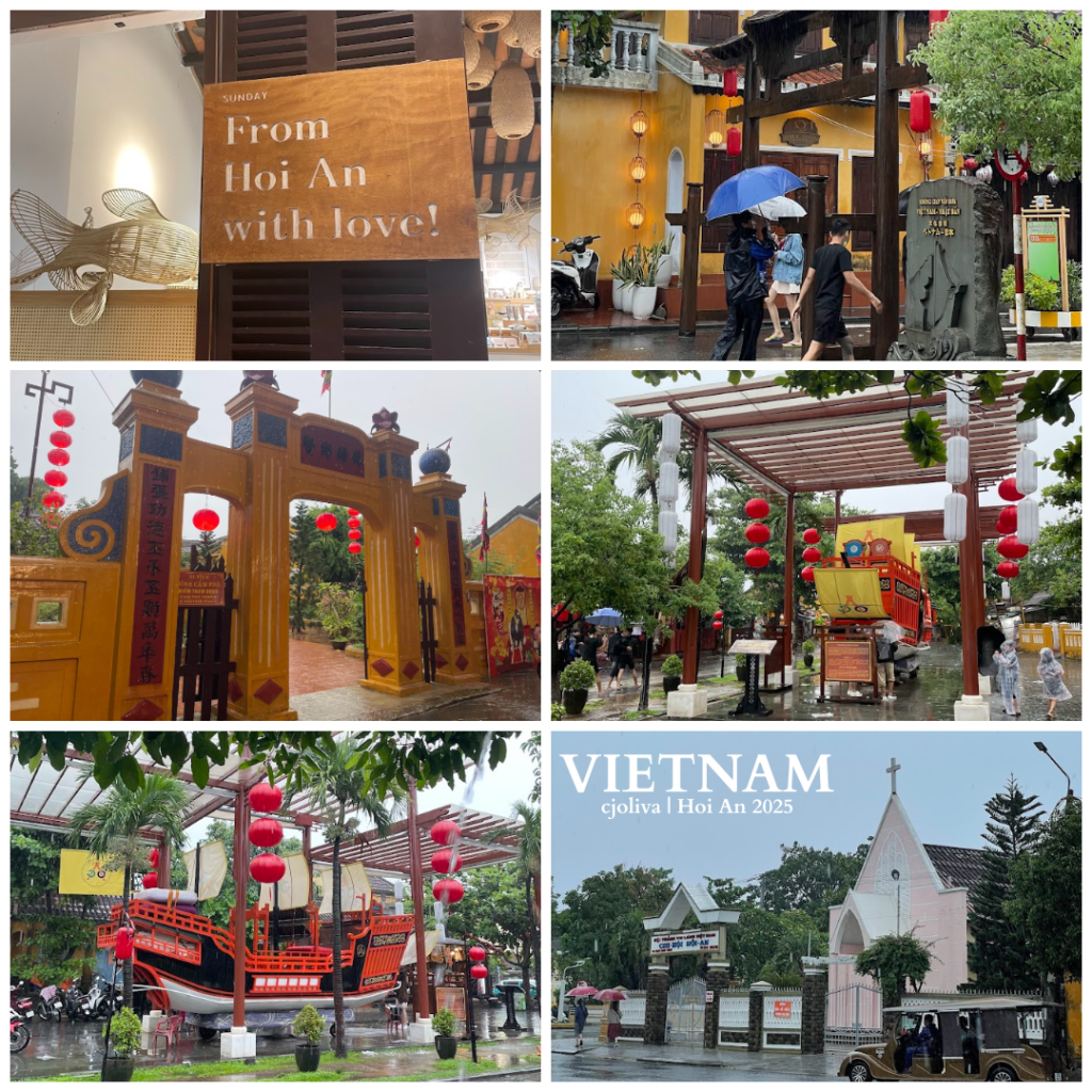 Collage of six photos from Hoi An, Vietnam, showing rainy street scenes with umbrellas, traditional yellow buildings, lanterns, decorative signs, stone monuments, entrance gates, and a large traditional boat under a pergola with red lanterns.