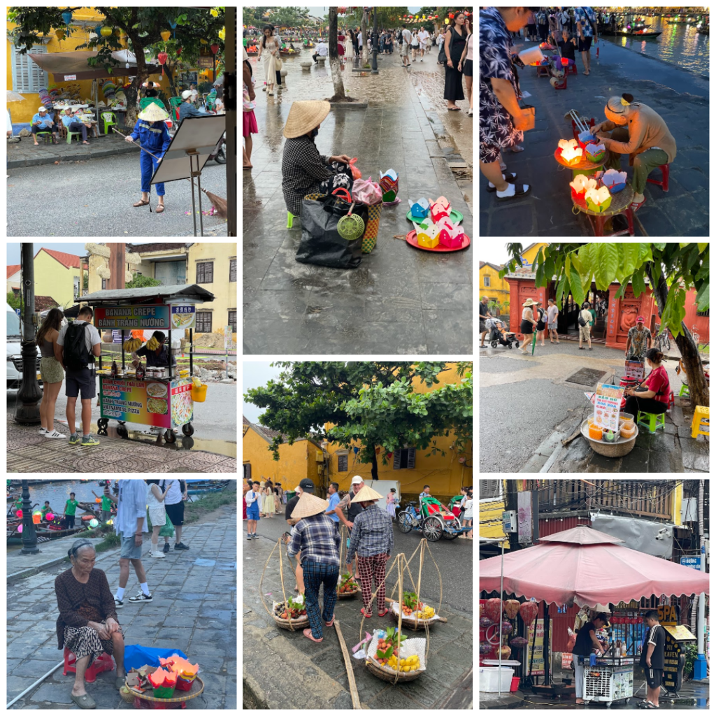 A collage of nine photos from Hoi An, Vietnam, showing vibrant street market scenes with vendors selling glowing lanterns, banana crepes, drinks, fruits in baskets, and crafts, alongside tourists browsing and locals in traditional attire with conical hats.