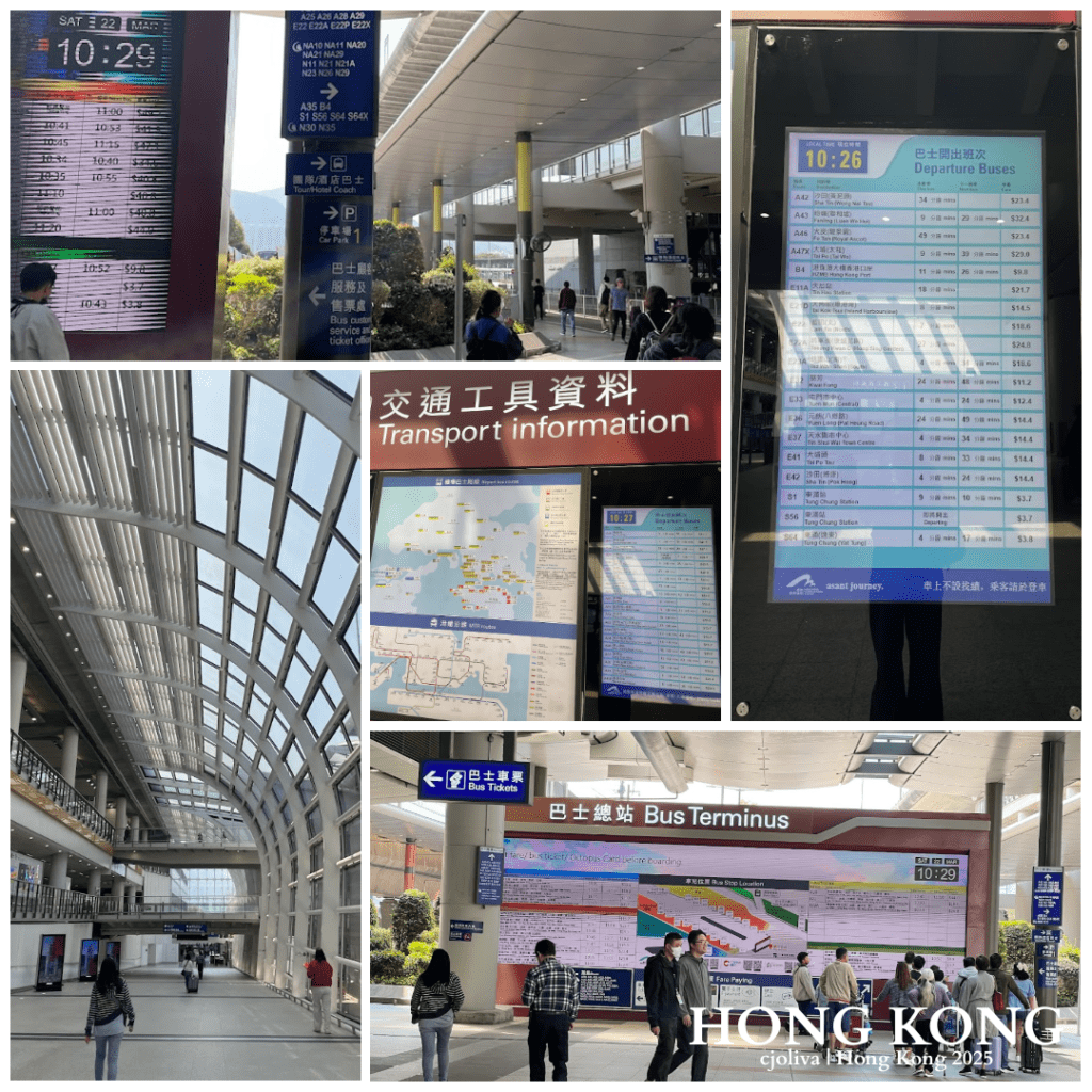 Collage of Hong Kong bus terminus scenes including digital departure boards, route maps, signage, and travelers navigating the transport hub.