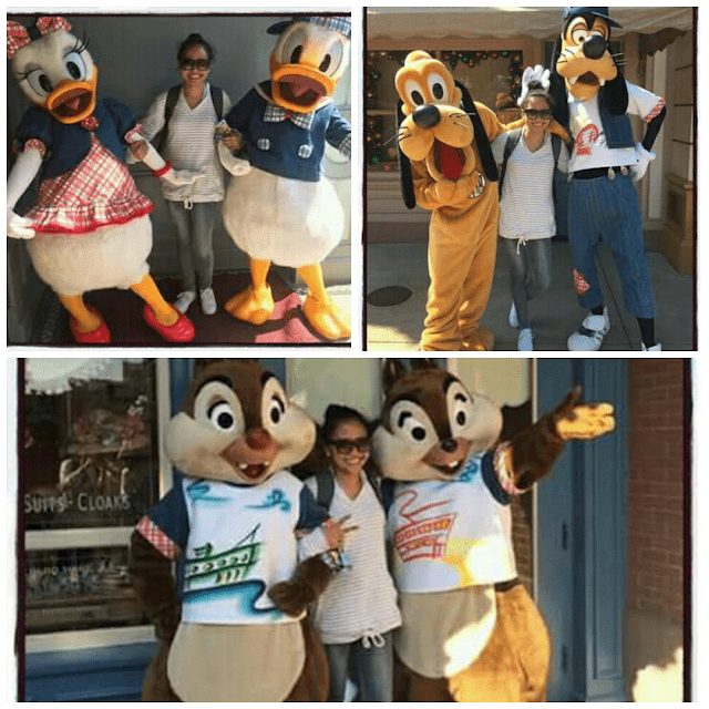 Collage of visitors posing with Disney characters at Hong Kong Disneyland, including Daisy Duck, Donald Duck, Pluto, Goofy, Chip, and Dale in themed outfits.