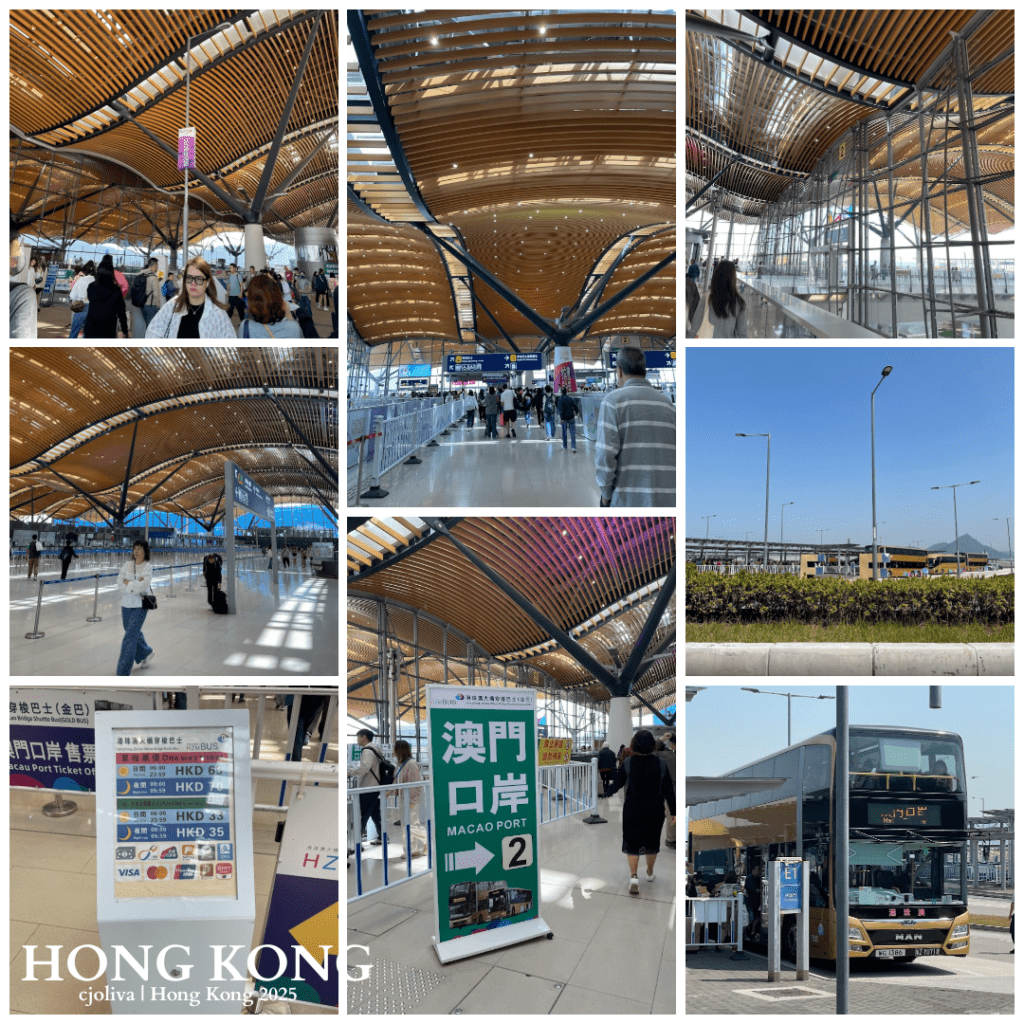 Collage of the Hong Kong–Macao transport hub showing modern wooden ceiling design, signage to Macao Port, HZMBus fare boards, a double-decker bus, and travelers navigating the terminal.