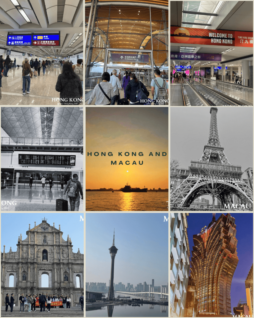 Collage of nine photos featuring Hong Kong and Macau highlights: airport terminals, welcome signage, modern passageways, sunset over water, Eiffel Tower replica, Ruins of St. Paul, Macau Tower skyline, and Grand Lisboa Hotel at night.