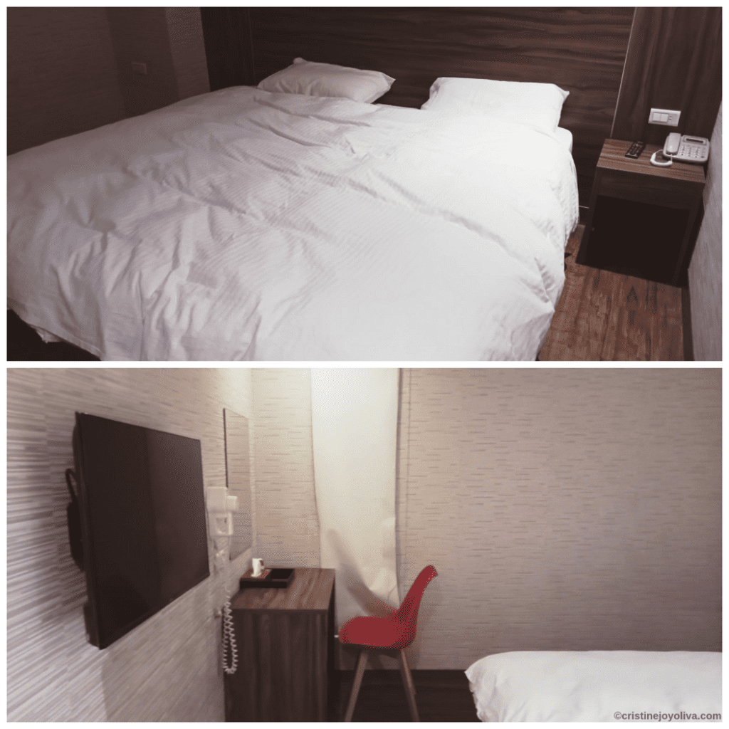 A split-image showing a minimalist hotel room interior at Sunnyside Hotel in Kaohsiung, featuring a white bed with wood accents and a work desk with a bright red chair.