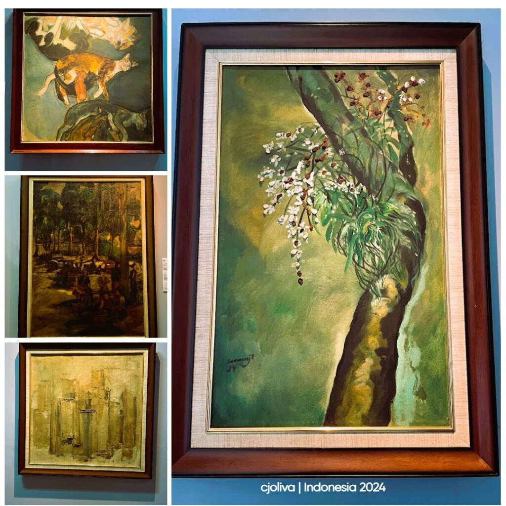 Collage of framed paintings at a museum near Kota Tua Jakarta, featuring Sudarmadji’s blossom artwork, cat painting, park scene, and abstract forms, captured in Indonesia 2024