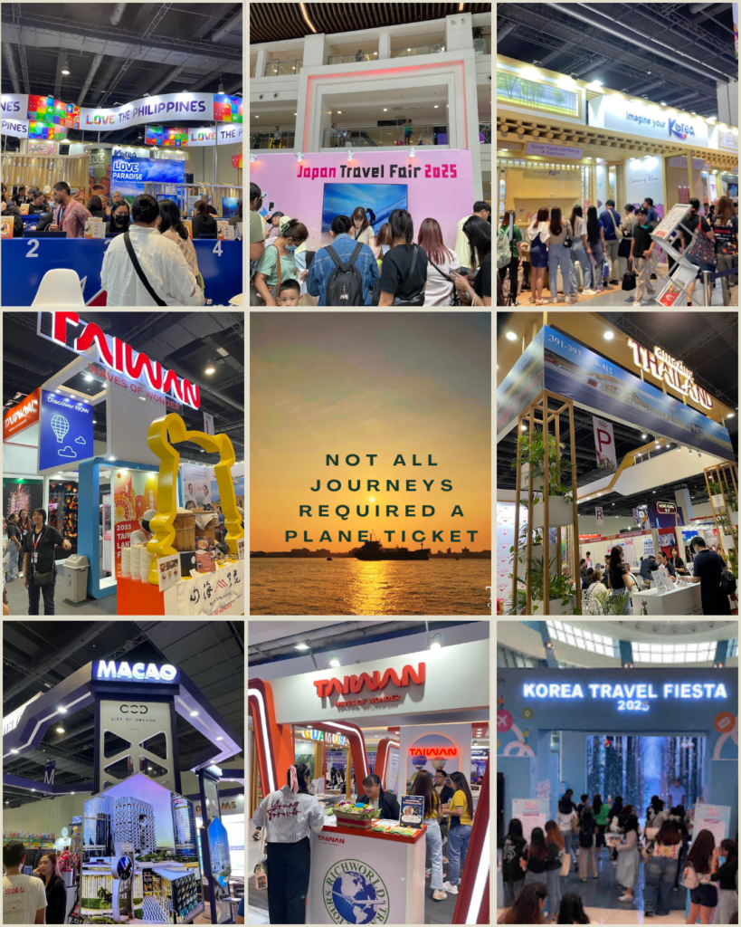 Collage of nine photos from a travel fair featuring booths for the Philippines, Japan, Korea, Taiwan, Thailand, and Macau, with cultural displays, signage, crowds of visitors, and promotional materials.