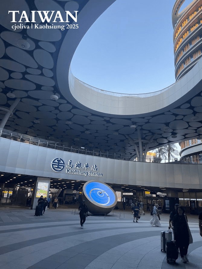 Kaohsiung Main Station entrance in Taiwan with modern architecture and circular rooftop design
