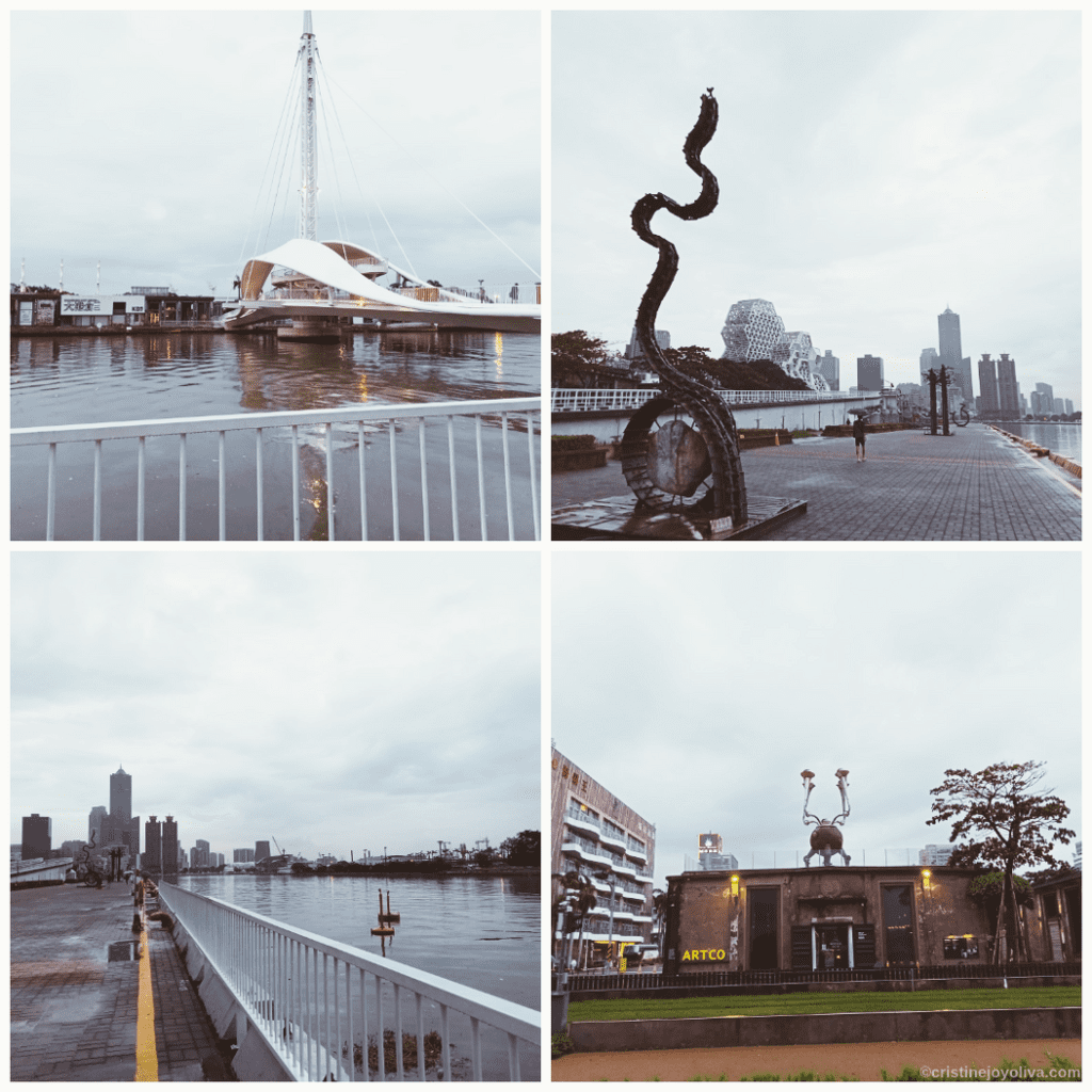 A four-panel collage of Kaohsiung's waterfront featuring the white Great Harbor Bridge, outdoor sculptures, and the Artco warehouse district.
