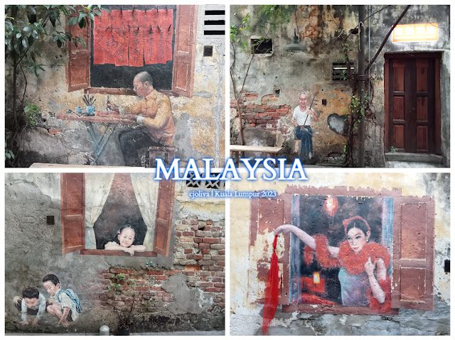 Collage of street art murals in Kuala Lumpur, Malaysia, featuring scenes of people writing, elderly man on bench, playful children at window, and woman in red cloth.