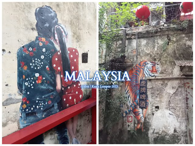 Collage of street art murals in Kuala Lumpur, Malaysia, featuring a couple seated together on a railing and a tiger mural with red lanterns and Chinese signage.