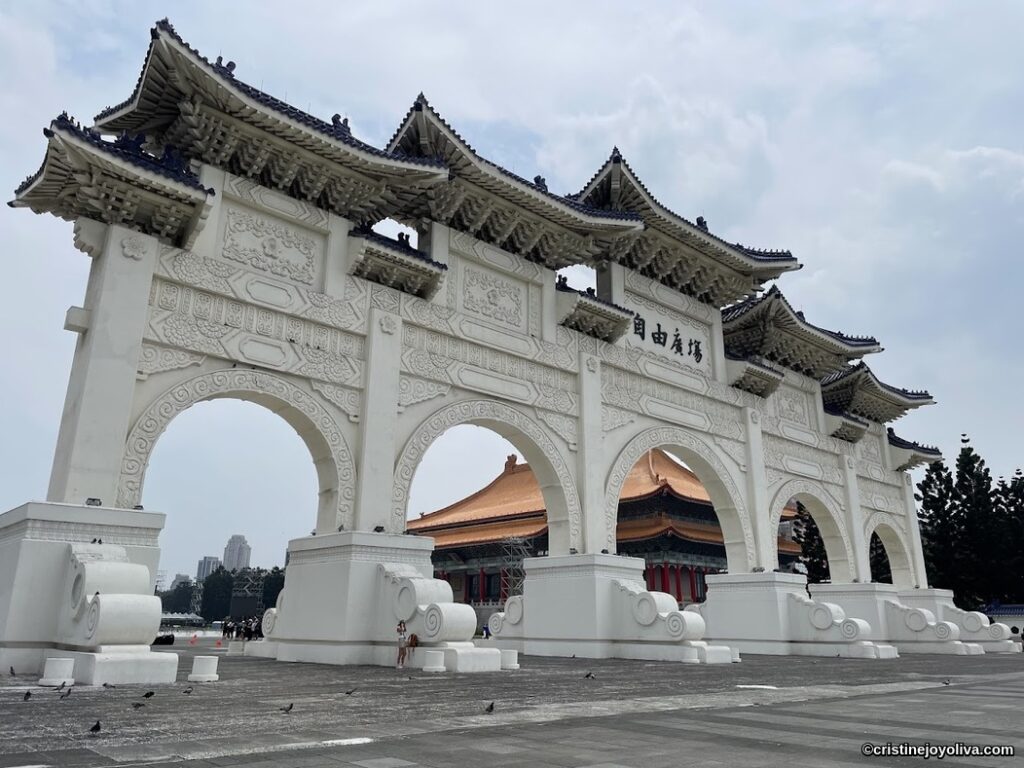 Liberty Square Arch in Taipei Taiwan with traditional Chinese architecture and blue-tiled roofs