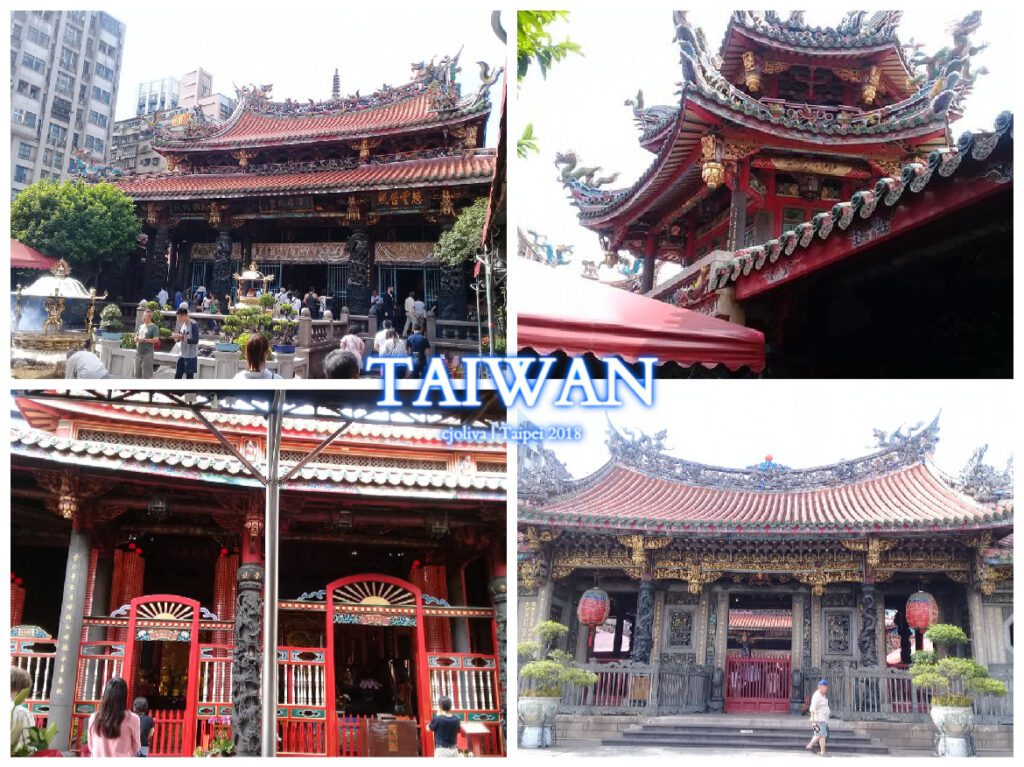 A four-image collage of Lungshan Temple in Taipei, showing the ornate multi-tiered roof with dragon carvings, the main entrance with red lanterns, and the interior courtyard with worshippers.
