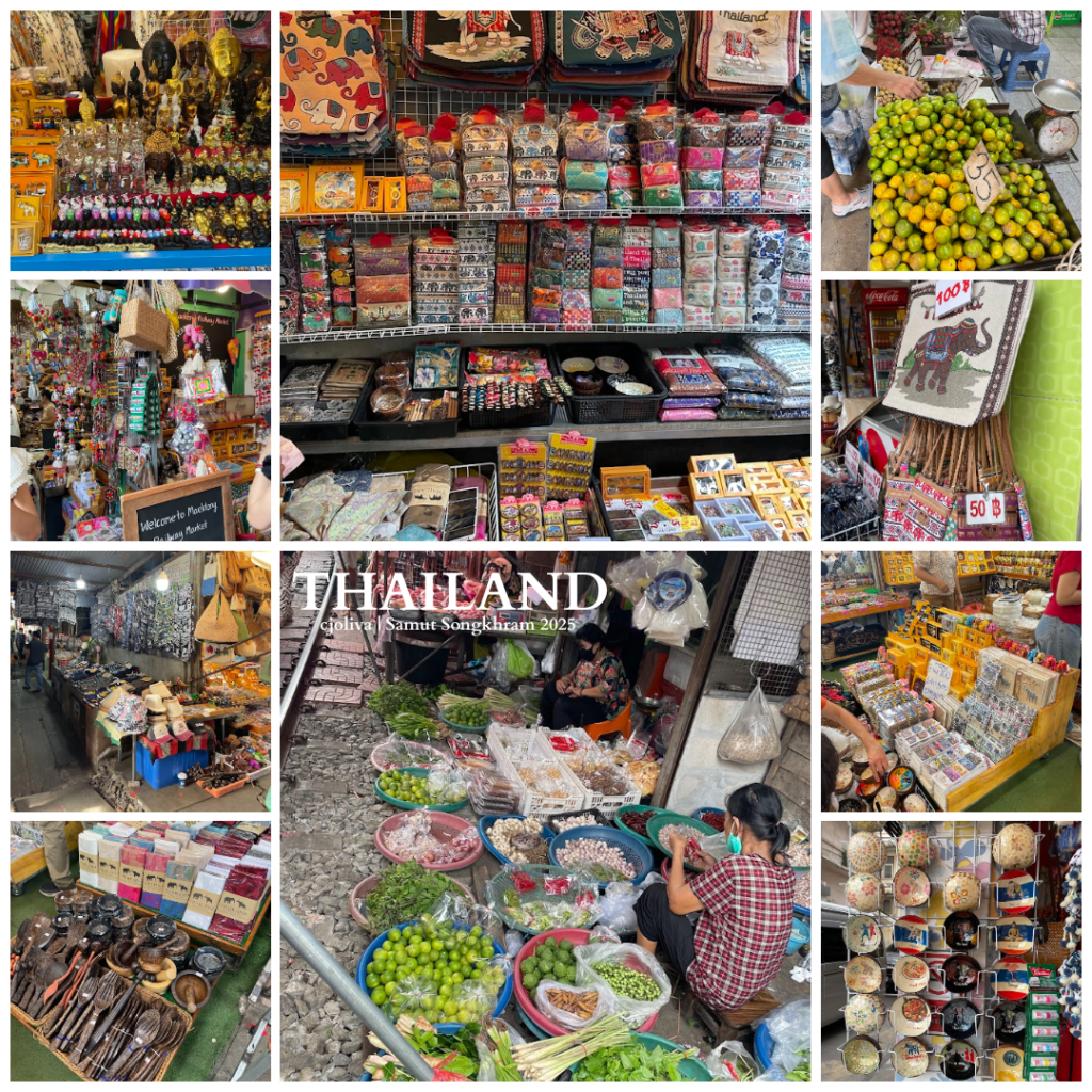 A photo collage of Maeklong Railway Market stalls featuring gold Buddha statues, colorful elephant-patterned bags, fresh limes and oranges, and vendors sitting by their vegetable displays on the train tracks.