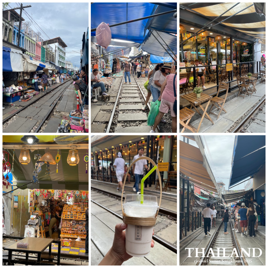 A collage of images from Maeklong Railway Market showing narrow market stalls along tracks, outdoor cafe seating, local souvenirs, and a hand holding a Thai iced drink in a traditional bamboo carrier.