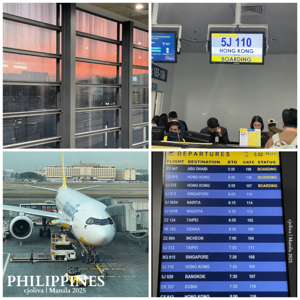 Collage of Manila airport scenes, including a sunrise tarmac view, the boarding gate for a Cebu Pacific flight to Hong Kong, an airplane at the gate, and a digital departures board with multiple destinations.