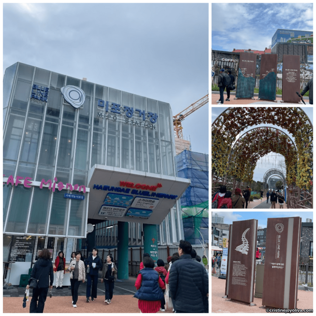 Mipo Station entrance and Haeundae Blueline Park collage with visitors, archway, and informational panels