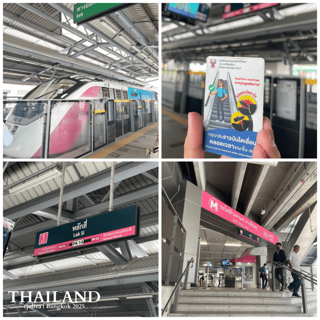 A photo collage of Lak Si Station in Bangkok, featuring the MRT Pink Line monorail, a single journey transit card, station signage, and the entrance stairs.