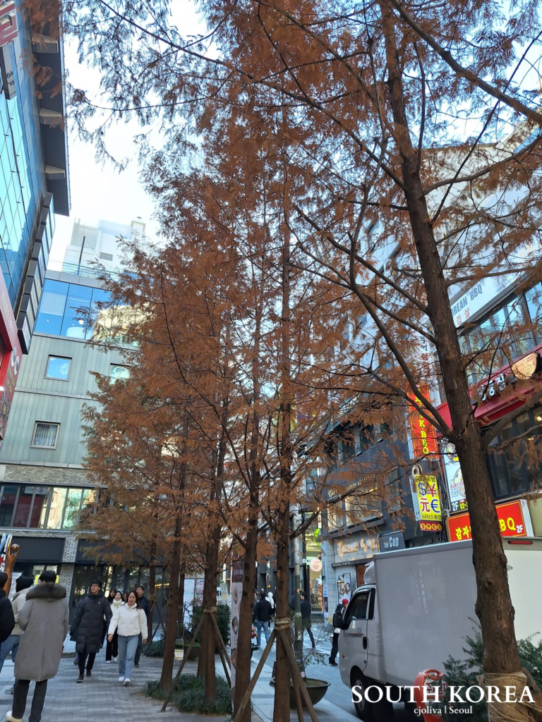 A bustling Seoul street in Myeongdong with tall autumn trees in brown foliage, modern storefronts with neon signs, and people walking by.