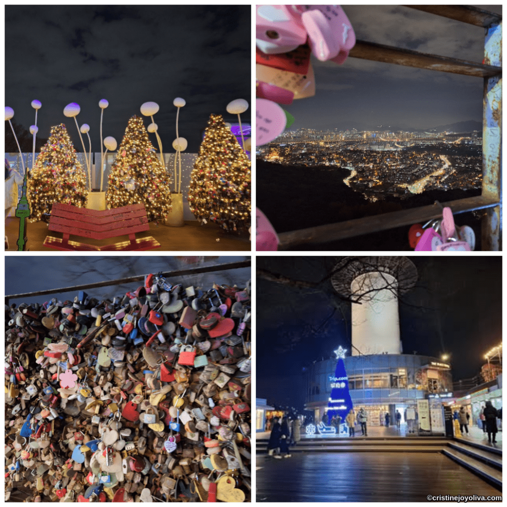 Collage of N Seoul Tower at night with Christmas trees, festive lights, panoramic city views, and colorful love locks attached to fences and railings.