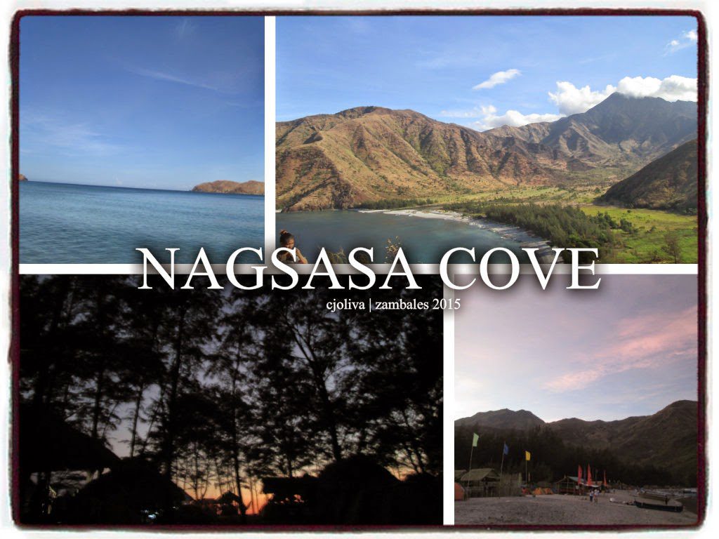 A photo collage of Nagsasa Cove in Zambales, showing the calm sea, a row of agoho trees lining the shore, and a person walking along the volcanic ash beach.