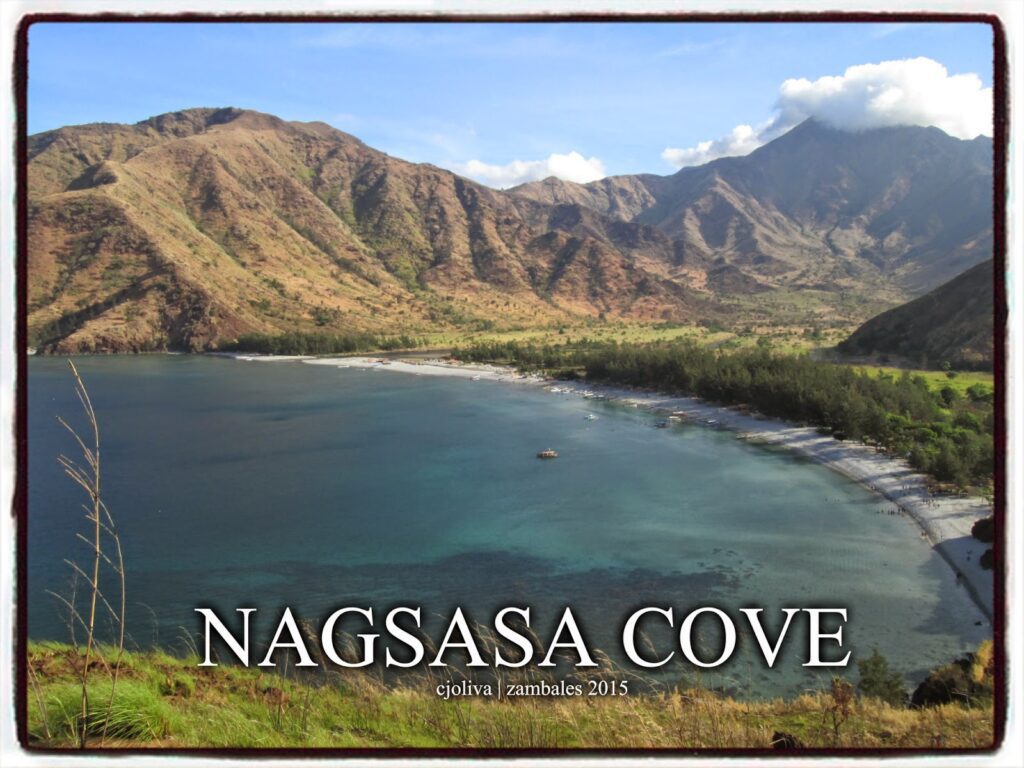 A photo collage of Nagsasa Cove in Zambales, showing the calm sea, a row of agoho trees lining the shore, and a person walking along the volcanic ash beach.