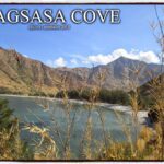 A panoramic view of Nagsasa Cove in Zambales, Philippines, featuring a crescent-shaped beach, clear blue water, and brown mountains under a bright sky, framed by dry reeds.