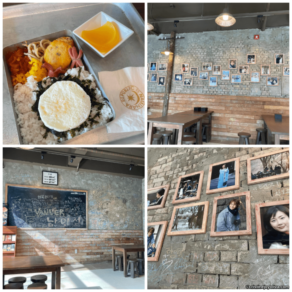 Collage of a themed café on Nami Island, South Korea, showing a Korean lunch tray, photo walls, chalkboard art, and rustic interior design.
