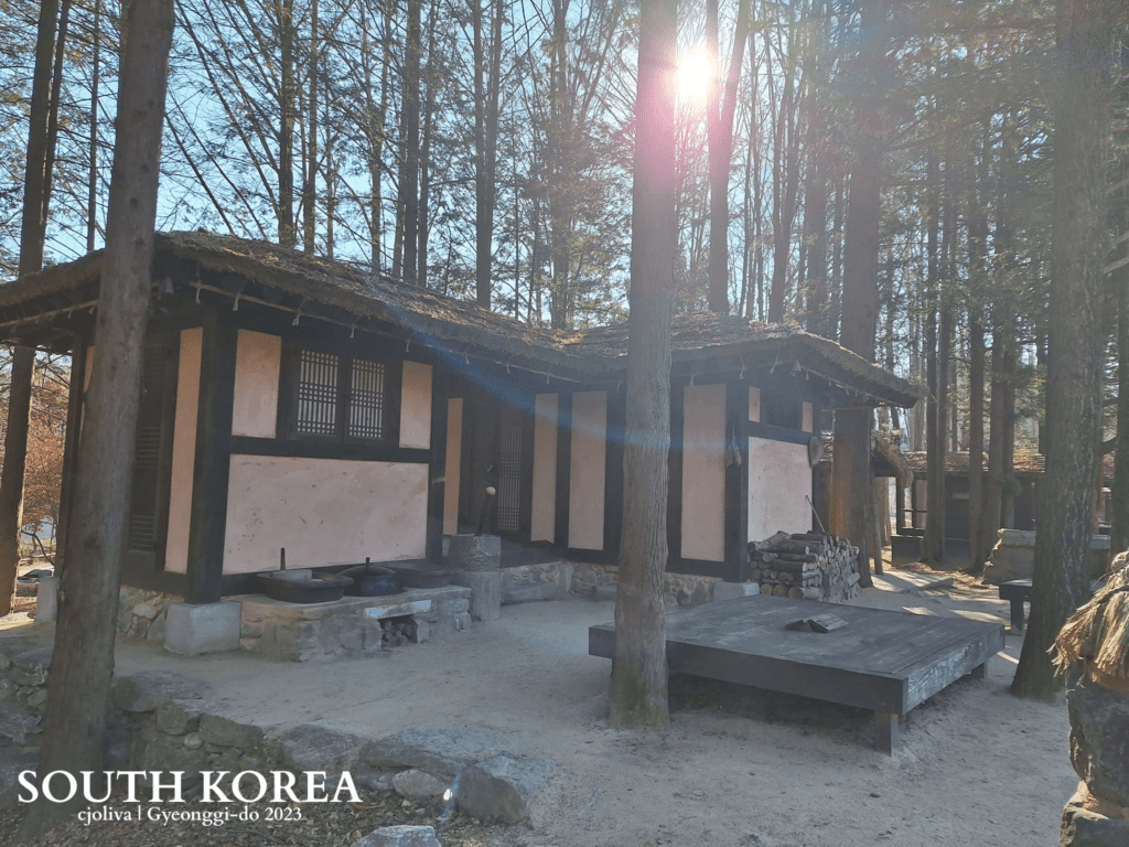 Traditional Korean thatched-roof house on Nami Island, South Korea, surrounded by tall trees with cooking pots and firewood outside.