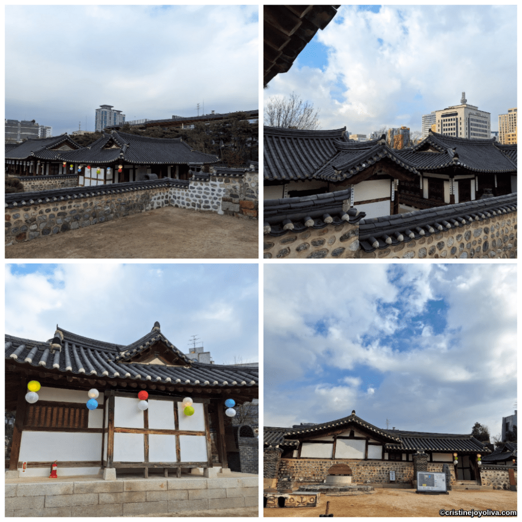 Collage of hanok-style buildings at Namsangol Hanok Village in Seoul, with tiled roofs, wooden beams, stone walls, and colorful lanterns set against modern city buildings.