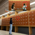 Locker wall at National Chung Cheng University in Chiayi, Taiwan with numbered boxes and focus on locker 150, featured in Meteor Garden scene