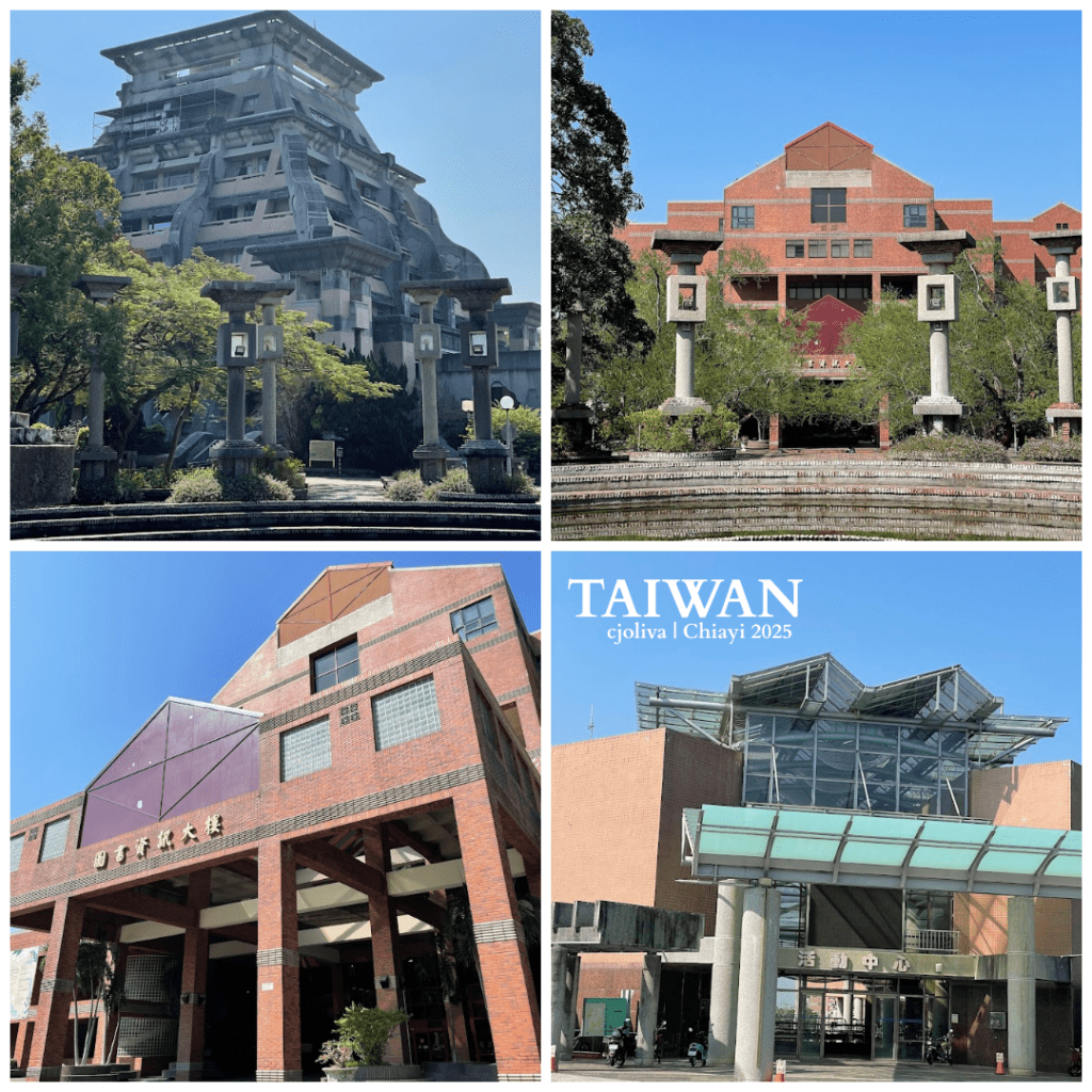 Collage of buildings at National Chung Cheng University in Chiayi, Taiwan including modern concrete structures, red‑brick halls, and glass activity center