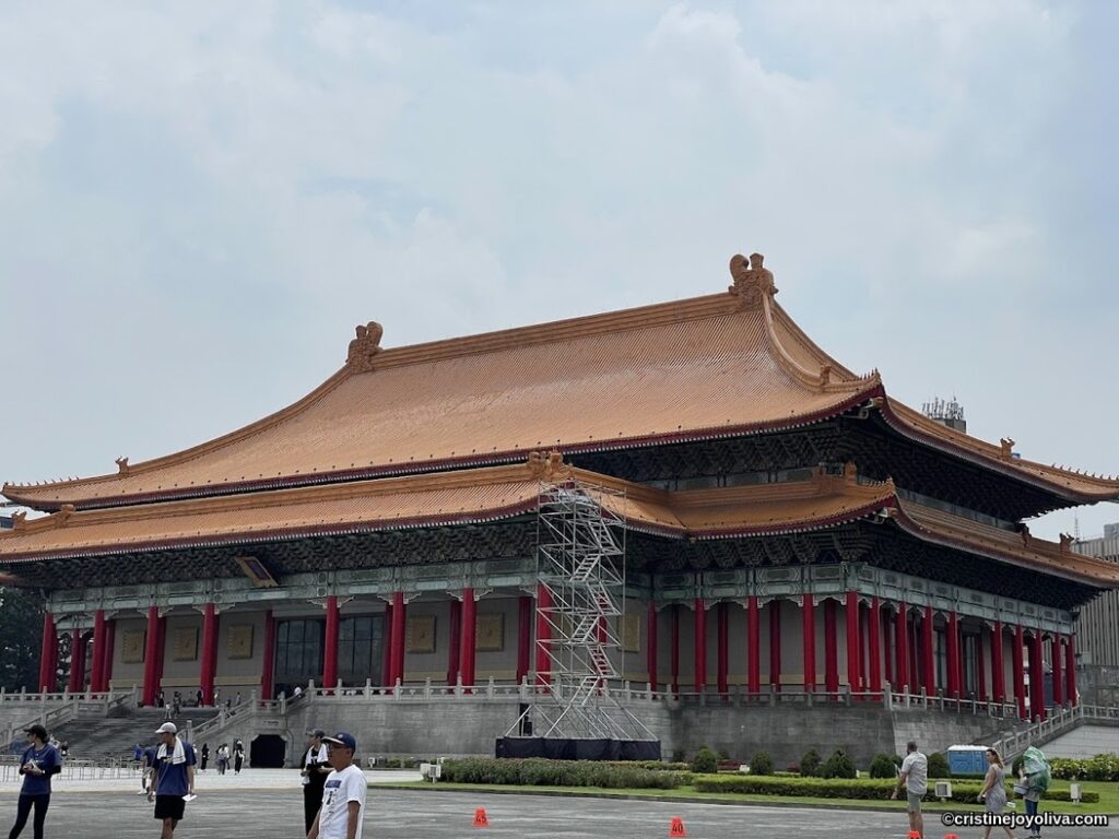 National Theater in Taipei with orange-tiled roof and scaffolding for maintenance