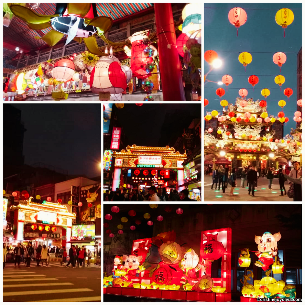 Raohe Night Market in Taipei with lanterns, ornate gates, temple frontage, and festive crowds in 2019