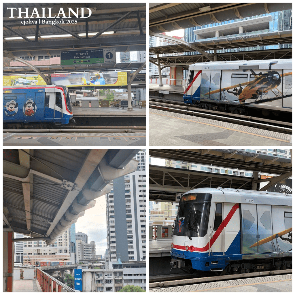 A four-image collage of the Ratchathewi BTS Skytrain station in Bangkok, showing trains with Disney Mickey Mouse and airplane advertisements, station signage, and the surrounding city skyline.