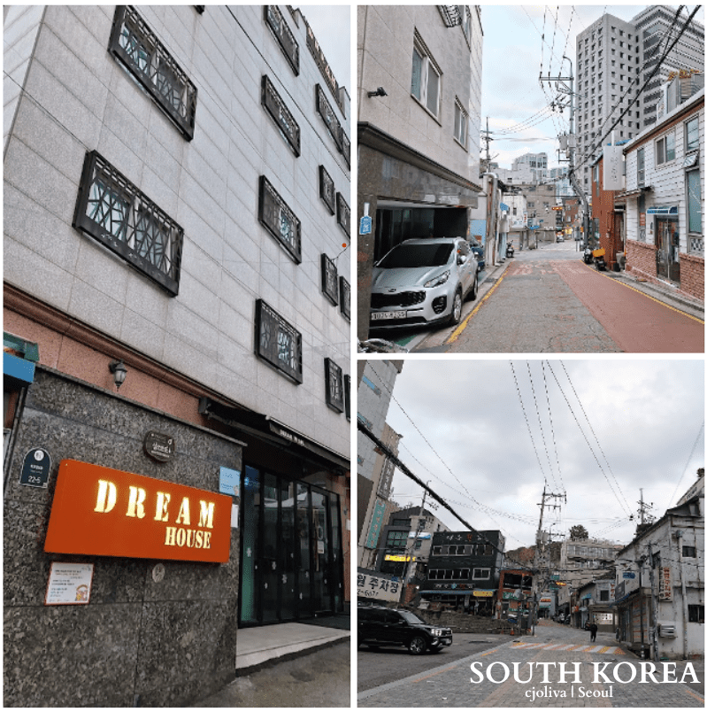 A collage featuring a "Dream House" building exterior with an orange sign, a narrow Seoul street, and a view of local city architecture.