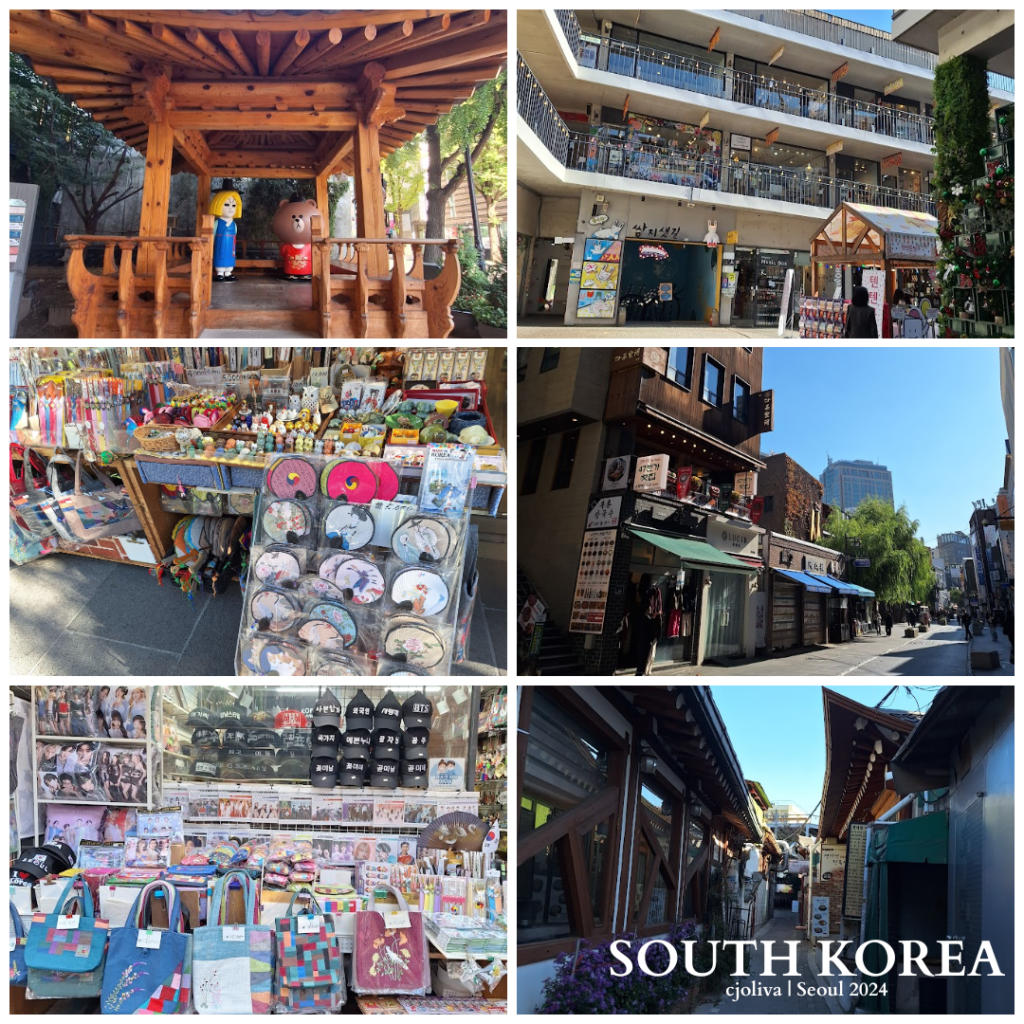 Collage of six photos from Insadong in Seoul showing a traditional pavilion with statues, a shopping complex, souvenir stalls, narrow alleyways, and a blend of modern and traditional architecture.