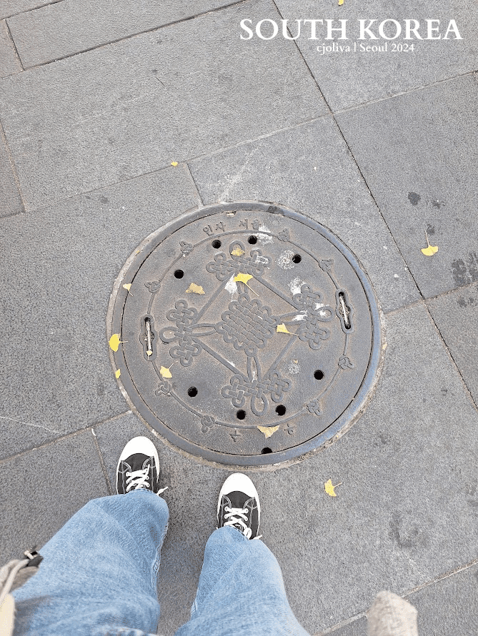 This is a top-down view of a person wearing jeans and sneakers, standing on a grey stone walkway. Directly in front of the person is a detailed manhole cover with traditional Korean knotwork. Scattered yellow ginkgo leaves are on the ground and the manhole cover.