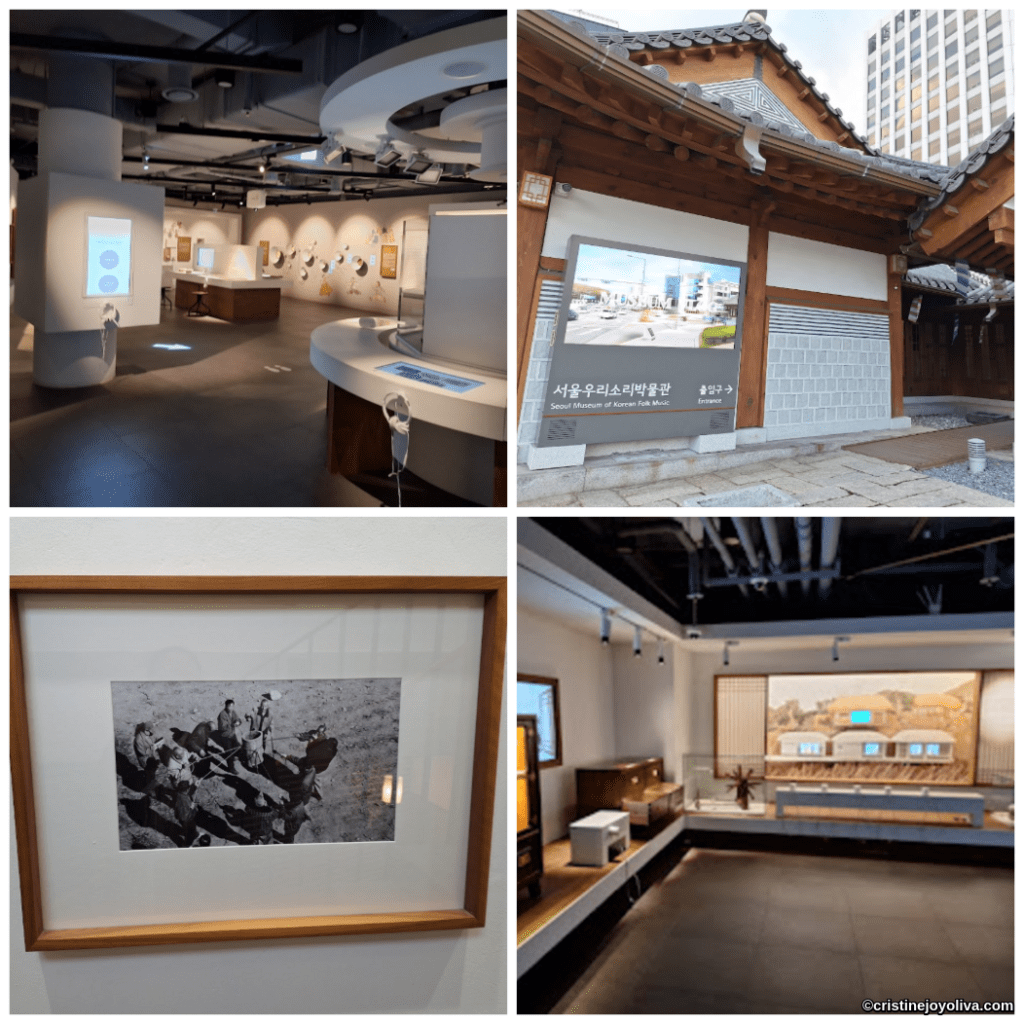 Collage of Seoul Museum of Korean Folk Music showing traditional tiled roof exterior, interactive exhibits with instruments, vintage photos, and dioramas of Korean houses.
