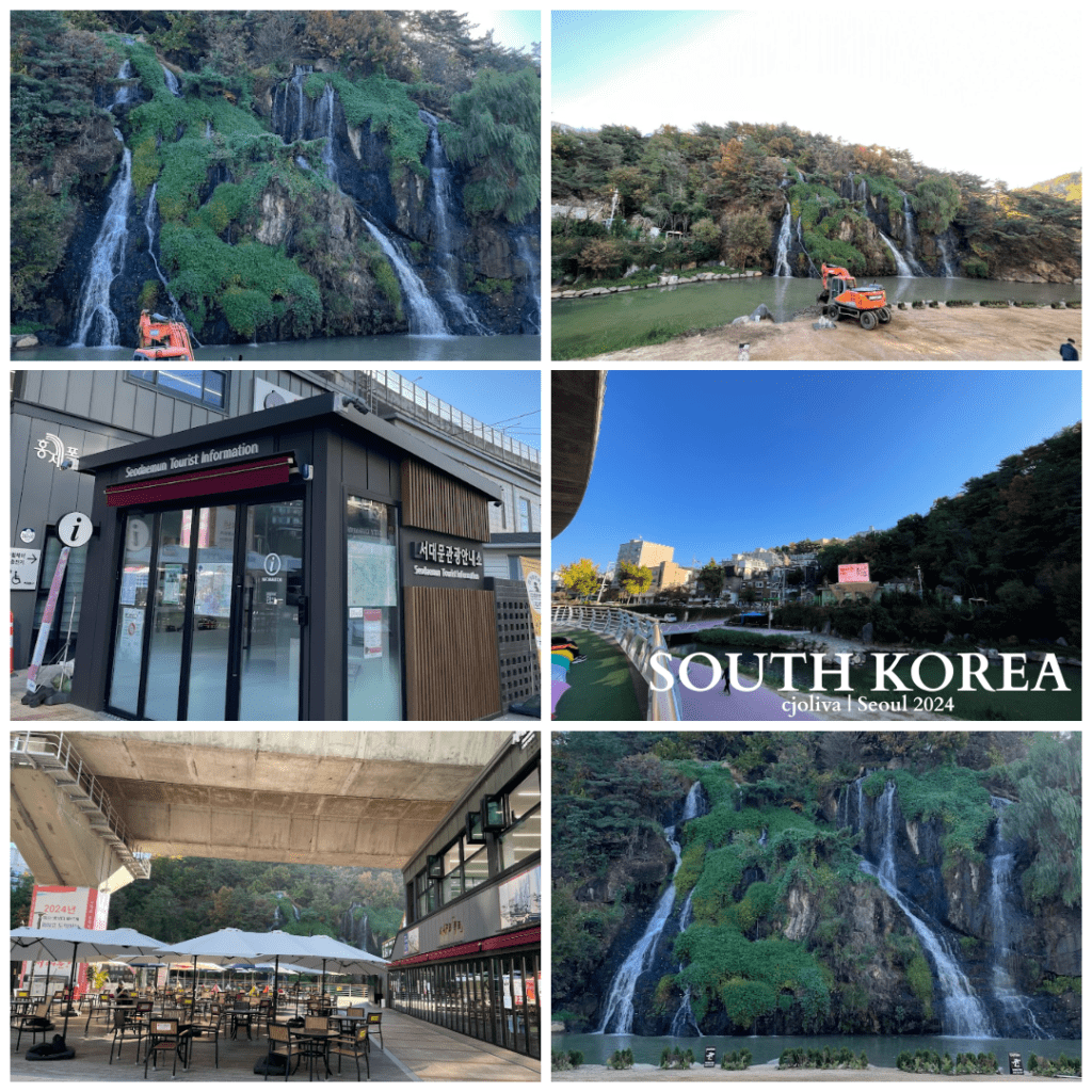 Pokpo Cafe in Seodaemun, Seoul, overlooks Hongjecheon waterfall with lush greenery, urban bridges, and plaza seating nearby.