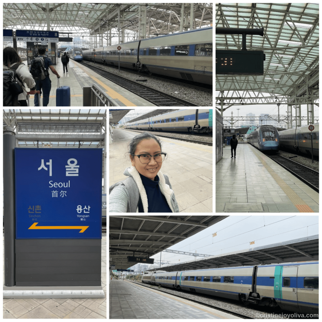 Collage of Seoul Station platforms with KTX high-speed trains, passengers, station sign in Korean, English, Chinese, and modern glass roof architecture