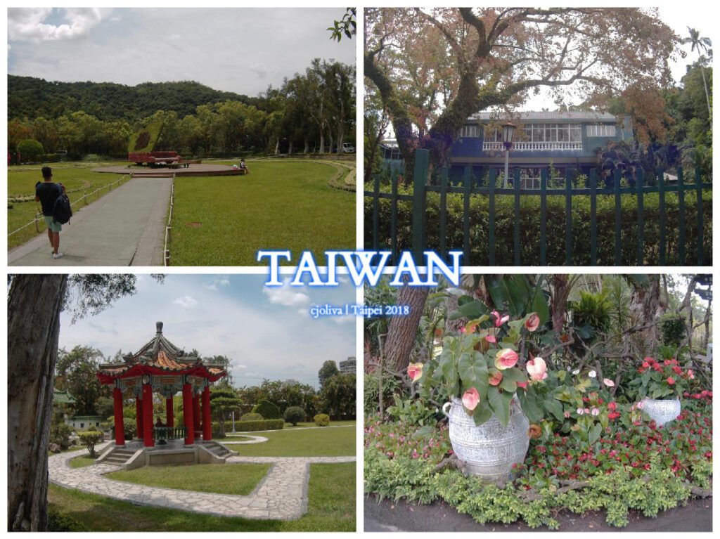 A four-image collage of Shilin Official Residence in Taipei, featuring a grand piano topiary, the blue main residence building, a traditional red Chinese pavilion, and potted pink flowers.