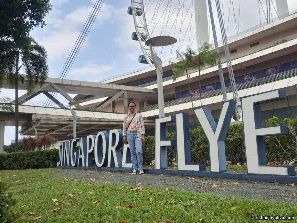 Person standing in front of the “Singapore Flyer” sign with the giant observation wheel visible behind, surrounded by greenery and palm trees.