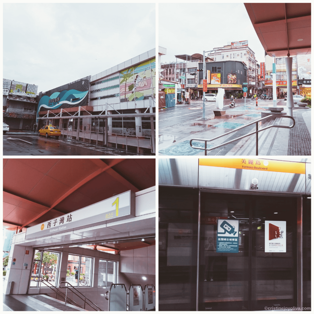 A four-panel collage showing the exterior and interior signage of Sizihwan and Formosa Boulevard Stations.