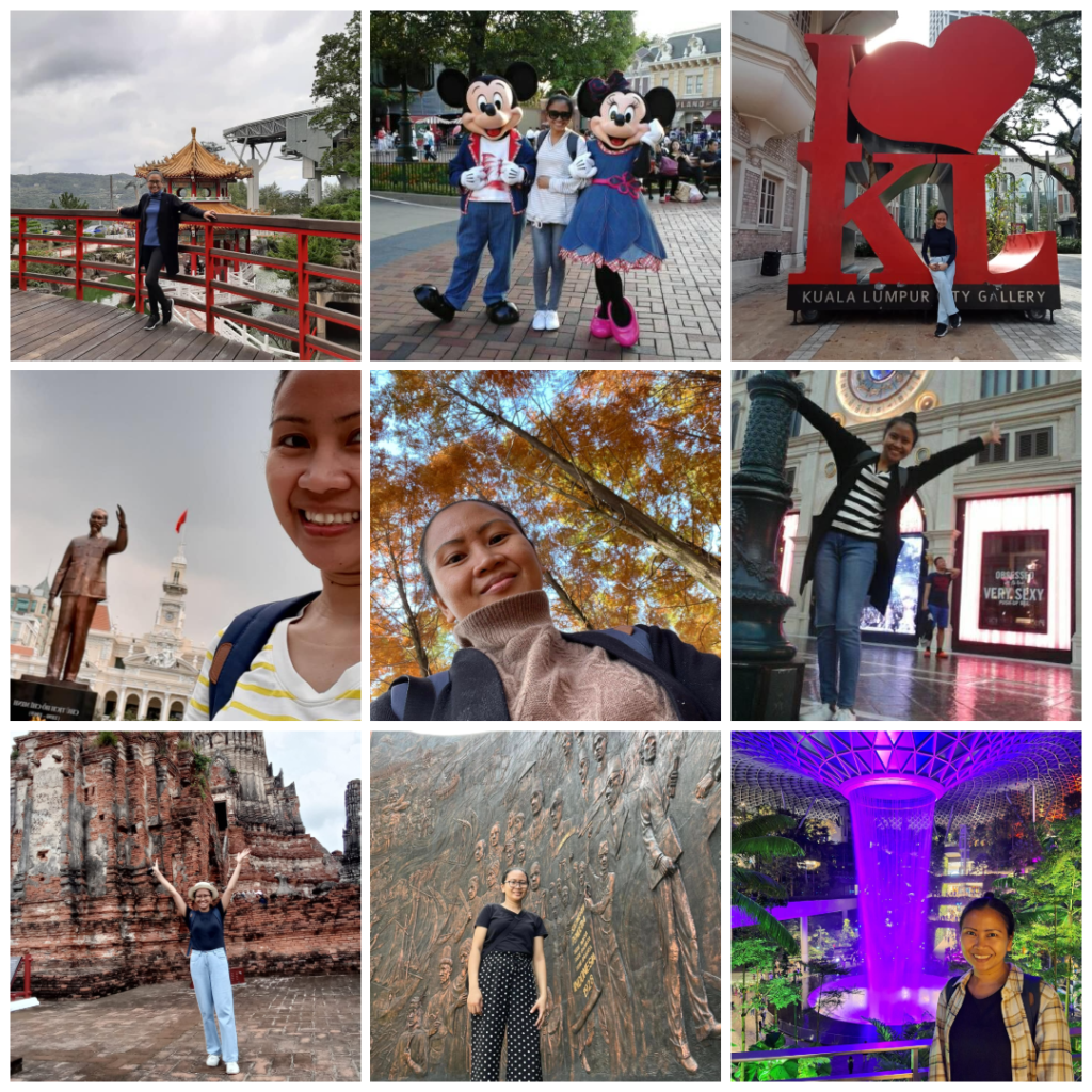 A nine-photo grid collage of a solo traveler exploring various landmarks across Southeast and East Asia, including the Kuala Lumpur City Gallery, ancient temples in Thailand, and the Rain Vortex in Singapore.