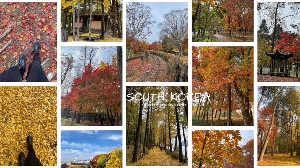A collage of twelve photos showing autumn in South Korea, featuring red maple leaves, yellow ginkgo forests, a traditional pavilion, and railroad tracks covered in fallen leaves.