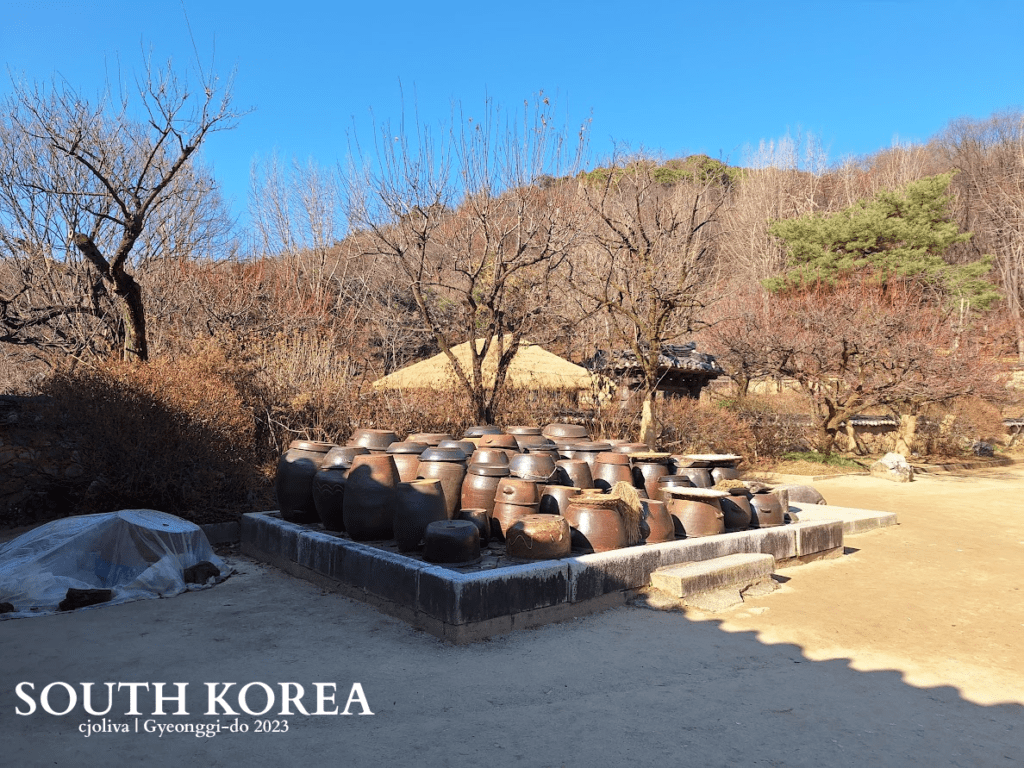 A collection of traditional Korean earthenware fermentation jars, known as onggi, arranged on a stone platform outdoors. The jars are various sizes in earthy brown tones. In the background are winter trees, a thatched-roof house, and a clear blue sky.