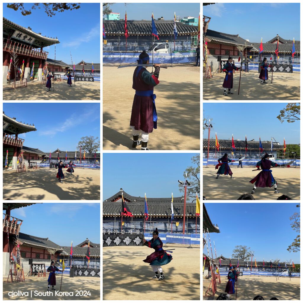 Collage of performers in traditional Korean military attire at a palace courtyard in South Korea, demonstrating ceremonial martial arts with swords, spears, and flags.