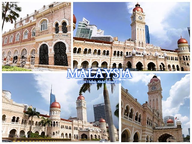 Collage of Sultan Abdul Samad Building in Kuala Lumpur, Malaysia, showcasing Moorish-style architecture with copper domes, arched windows, ornate facades, and a central clock tower.