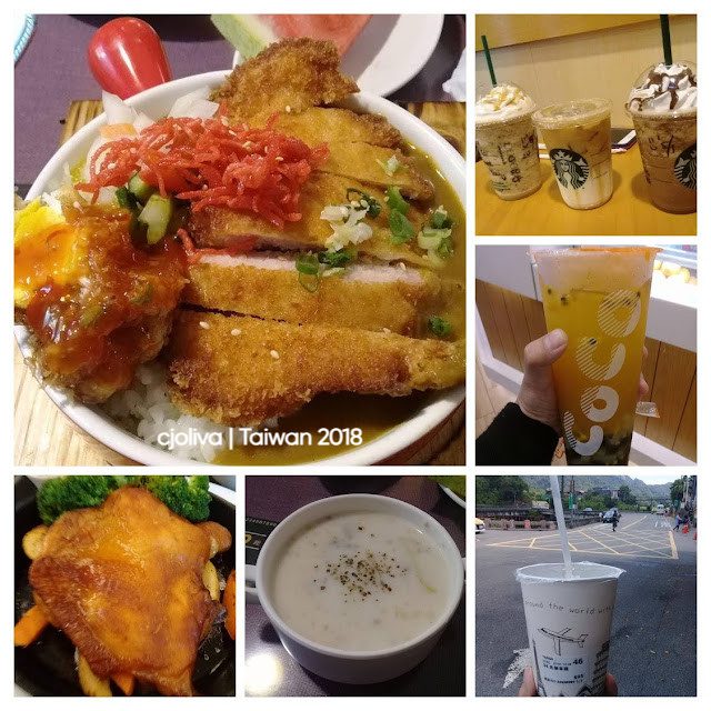 A collage of food and drinks in Taiwan, including Japanese-style pork katsu curry, Starbucks coffee, CoCo passion fruit tea, cream soup, and a sizzling steak platter.