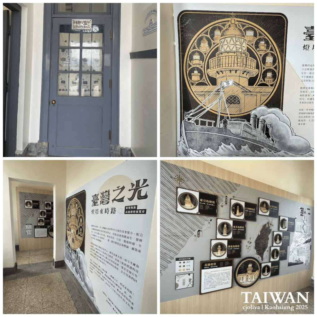 Collage of four photos from the Taiwan lighthouse exhibit, including entrance door, illustrated lighthouse panel, historical hallway display, and map of lighthouse locations